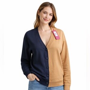 Terez Chill Cardigan XS Two Tone Oat Milk Navy Button Front NWT